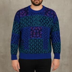 Vintage 80s TREND BASICS Geometric Knit Sweater L Bold Color Block Pattern Korea